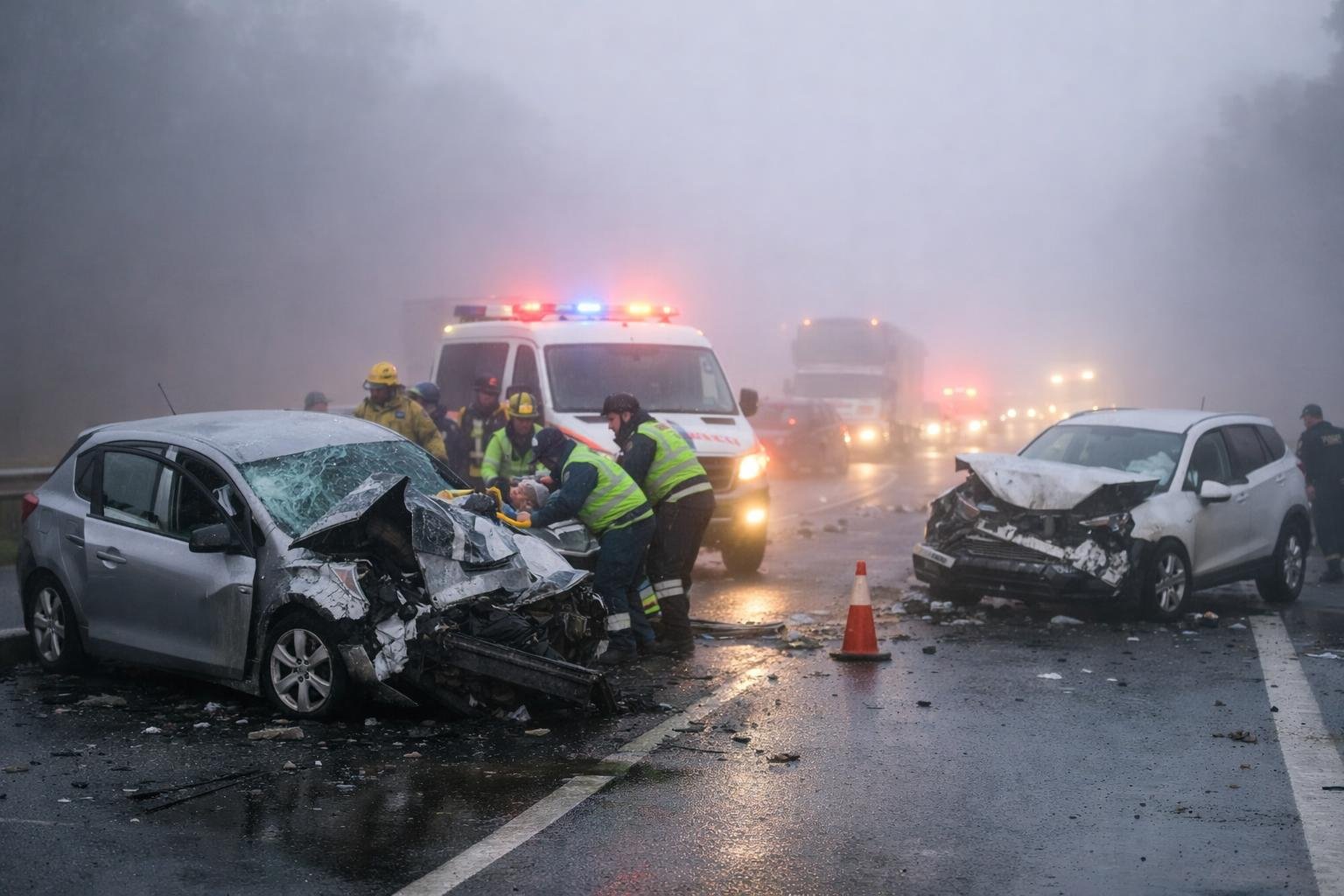 Three injured in an early morning crash on the Hume Highway as heavy fog cuts visibility