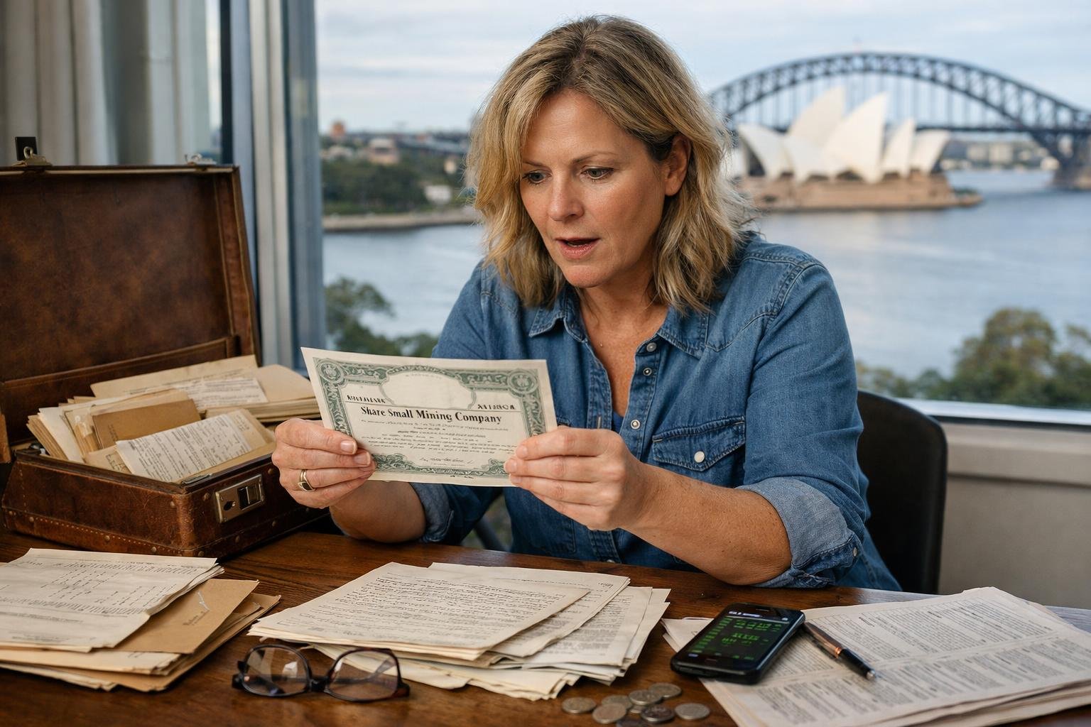 While going through her late fatherʼs papers in Sydney he finds shares bought in 1992 in a small mining company: today the portfolio is worth over $420 000