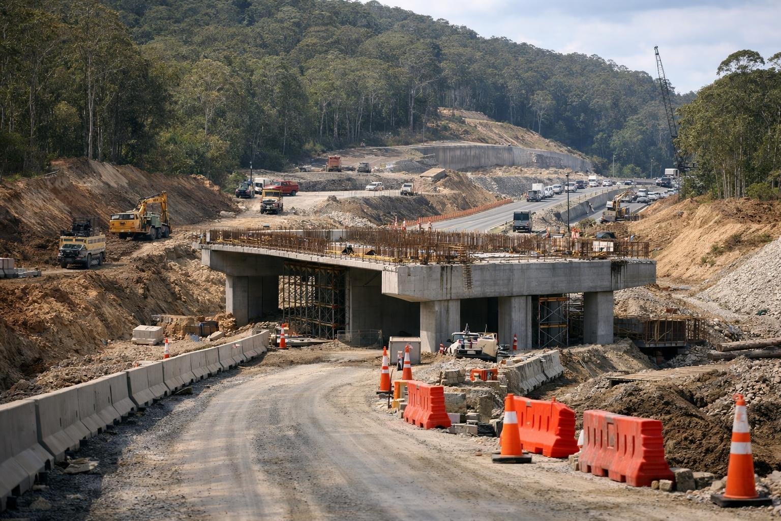 Why is the Pacific Highway upgrade near Coffs Harbour running months behind schedule