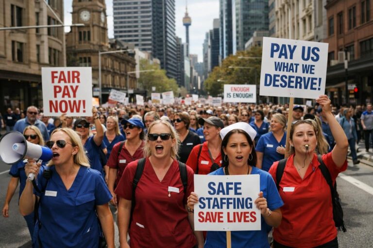 Hundreds of nurses march through central Sydney as pay negotiations stall